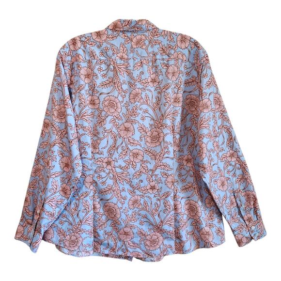 LANDS END Women Petite 16P Blouse Button Up Floral Blue Peach Supima Cotton 44" - Picture 6 of 7